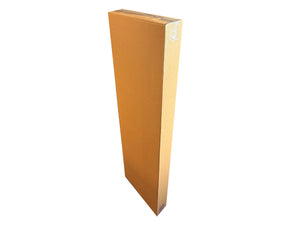 A tall, brown, single wall cardboard box, placed on a white background and sealed shut with tape. 