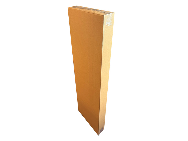 A tall, brown, single wall cardboard box, placed on a white background and sealed shut with tape. 