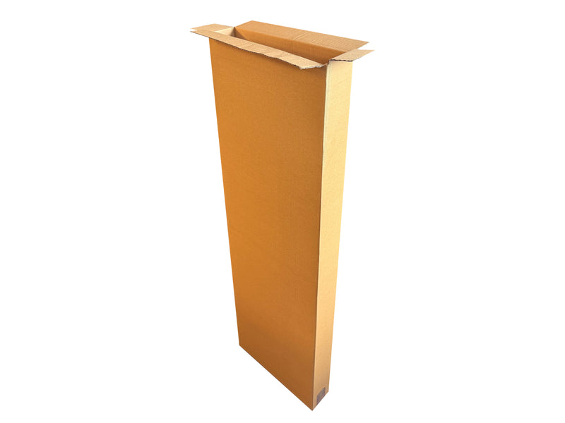 A tall box, with the top flaps opened, perfect for packing tall or long items. 