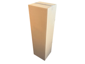 A tall shipping box, with the top flaps sealed shut, with clear packing tape. 