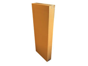 A brown, plain, tall cardboard box, sealed shut. 