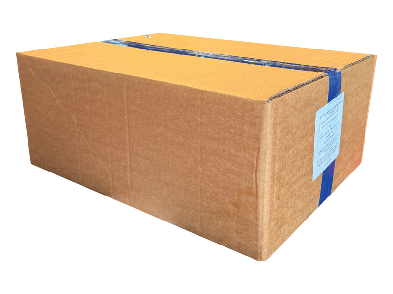 A medium sized, double wall box, sealed with blue packing tape
