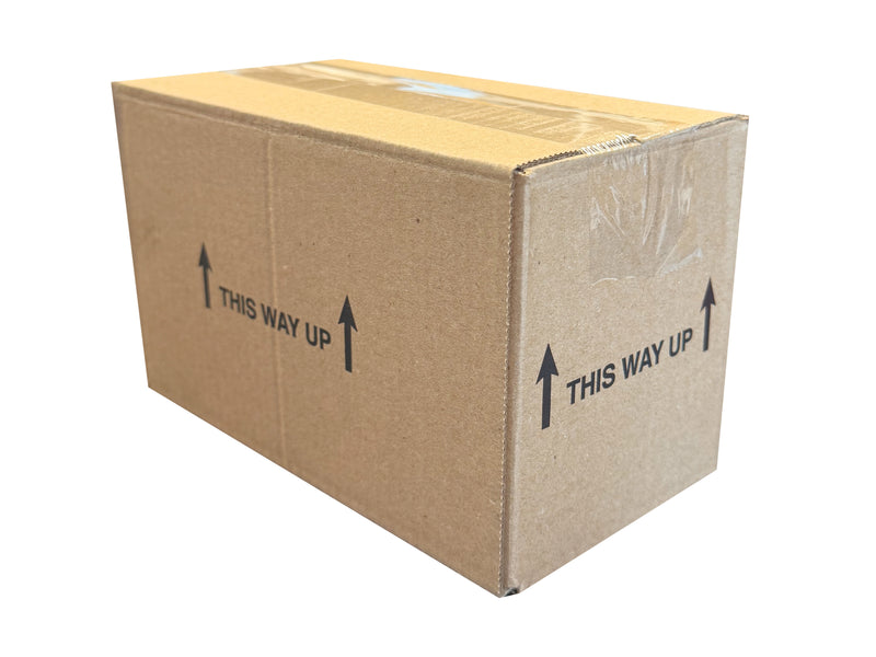 Cardboard box with 'This Way Up' labels on a white background