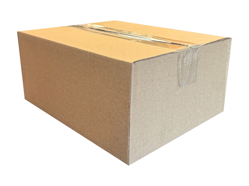 Cardboard box sealed with a clear plastic tape on a white background