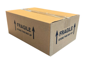 Cardboard box with fragile labels on a white background