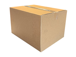 A plain cardboard box placed on a white background, sealed with clear tape