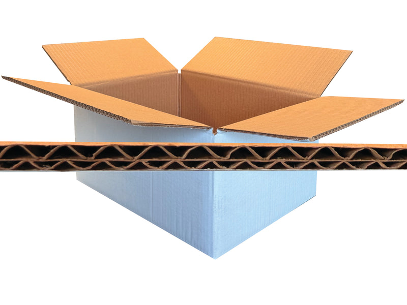 Open cardboard box with a clear view of its corrugated board structure on a white background