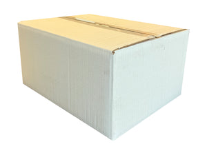 Cardboard box sealed with clear tape on a white background