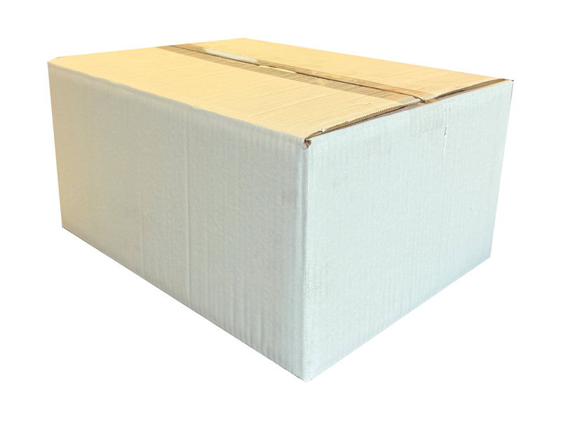 Cardboard box sealed with clear tape on a white background