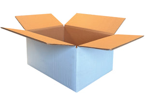 An opened white box with a brown interior, on a white backdrop