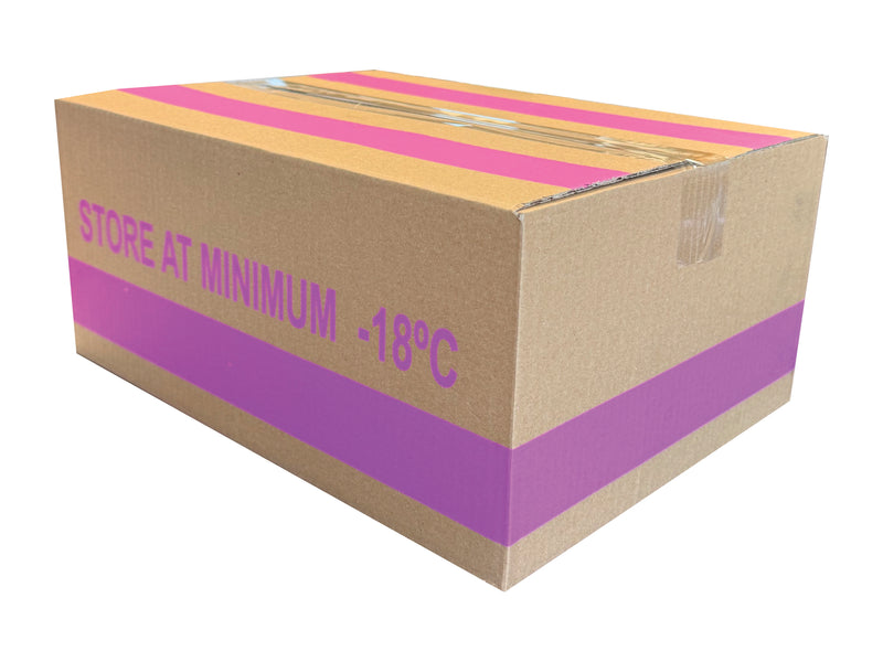 Cardboard box with pink stripe and text 'STORE AT MINIMUM -18°C' on a white background