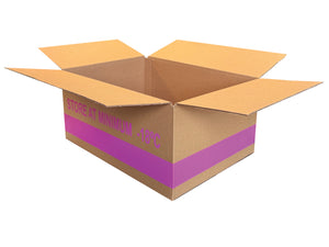 A brown cardboard box with pink print, referencing storing at a minimum of minus 18 degrees Celsius. 