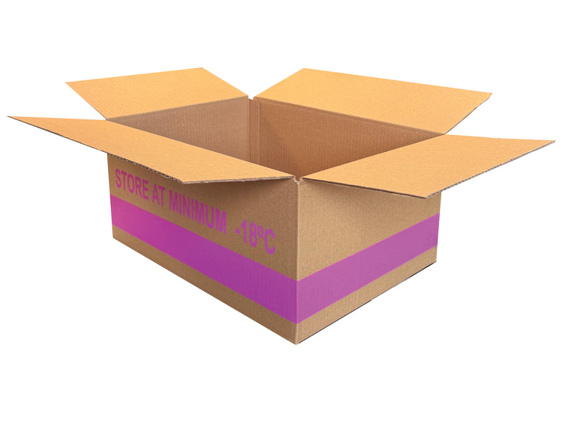 A brown cardboard box with pink print, referencing storing at a minimum of minus 18 degrees Celsius. 