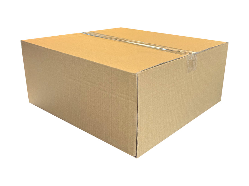 Cardboard box with an extra crease, closed on white background