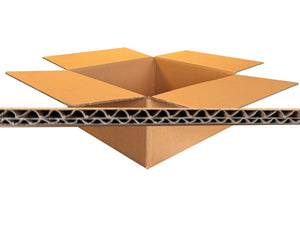Open cardboard box on a white background with an image of the corrugated board profile overlayed. 
