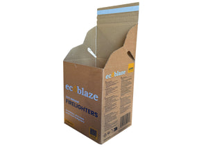 Cardboard box designed to pack ecoblaze firelighters on a white background