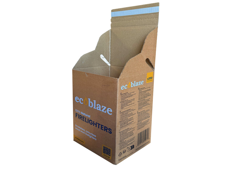 Cardboard box designed to pack ecoblaze firelighters on a white background