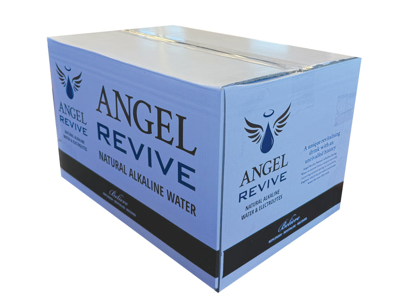 A closed box of Angel Revive natural alkaline water on a white background