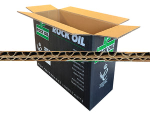 Cardboard box with 'Rock Oil' branding on a white background