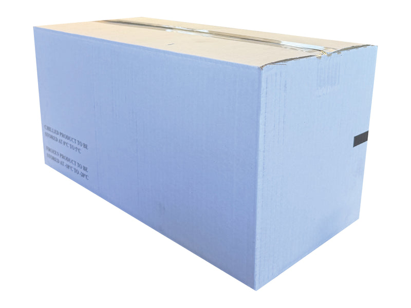 A white box with temperature recommendations for frozen/chilled goods, on a white background