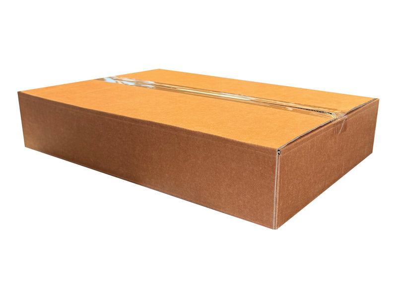 A shallow, plain, brown box sealed shut with clear tape. 