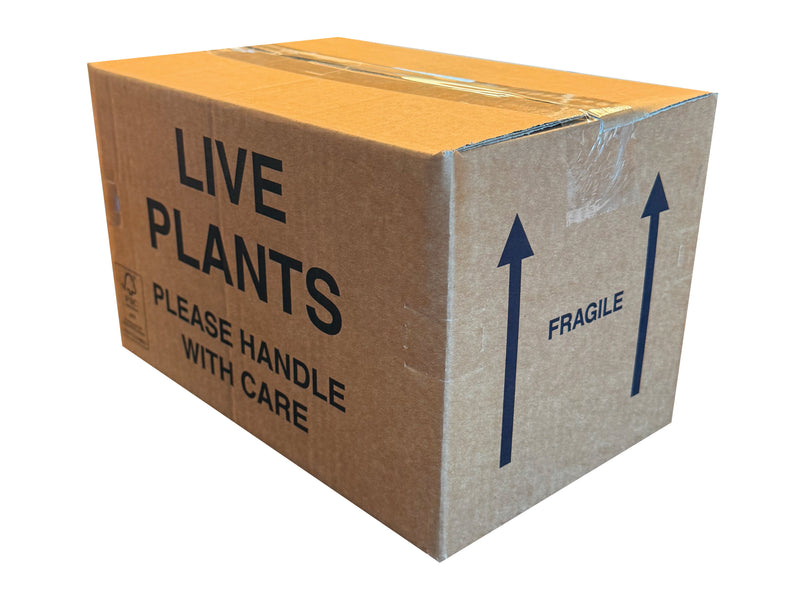 A closed, printed carton, designed for packing and shipping live plants. 