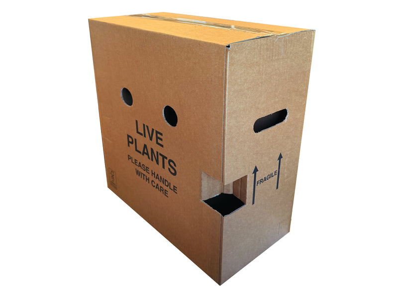 Cardboard box with 'Live Plants' label and handling instructions on a white background
