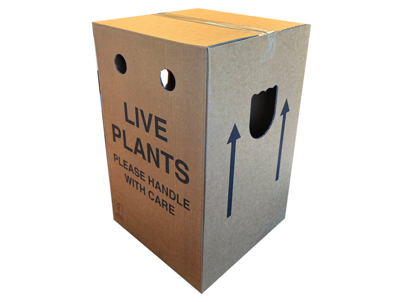 Cardboard box labelled 'Live Plants Please Handle with Care' with handholes and air holes, for ventilation. 