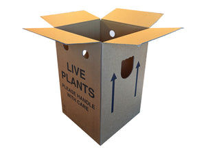 A large box for packing live plants, with hand holes and air holes in each panel.