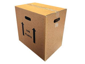 A closed box, with handholes in each panel and printed with 'live plants.'