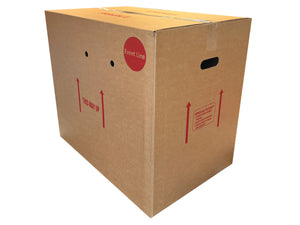 Brown cardboard box with red labels and arrows on a white background