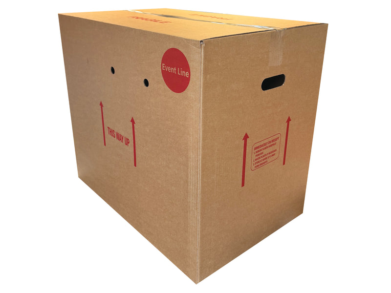 Brown cardboard box with red labels and arrows on a white background