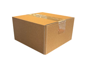 Brown cardboard box closed with clear tape on a white background