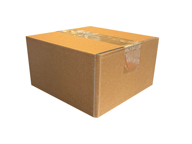 Brown cardboard box closed with clear tape on a white background
