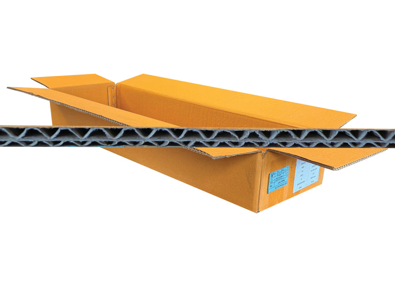 A long, double wall corrugated cardboard box on a white background with a clear profile of the corrugation overlayed.