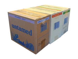 Three cardboard boxes, one labelled 'untamed' and the others with a barcode, on a white background.