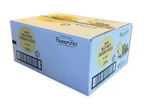 A closed box printed with 'Everyday Favourites milky white cheddar cheese' on each panel.