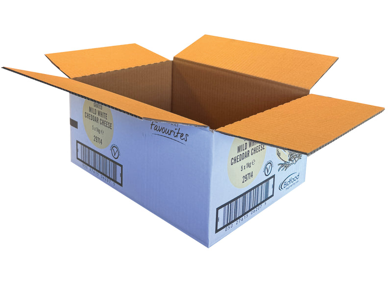 A white branded box, made to pack five times one kilo packs of cheese