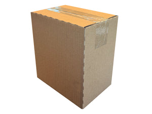 A closed cardboard box which measures 186mm x 124mm x 200mm, sealed with clear Sellotape