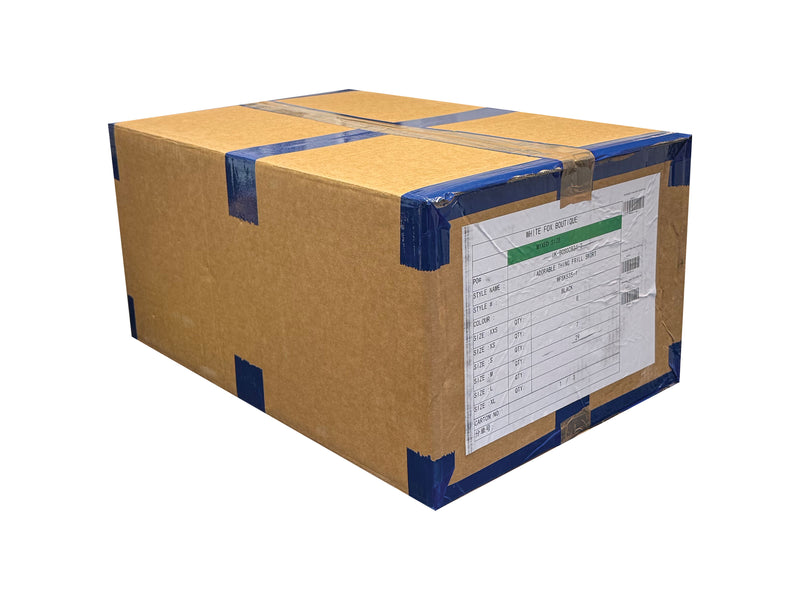 a strong used cardboard box with tape and a label which can be covered over with your own tape and label for a cost effective use of packaging