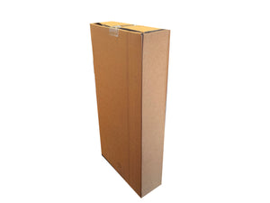 Tall cardboard box with fully overlapping flaps, on a white background