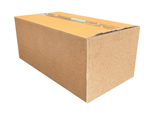 A closed cardboard box, sealed shut, measuring 435mm x 240mm x 178mm