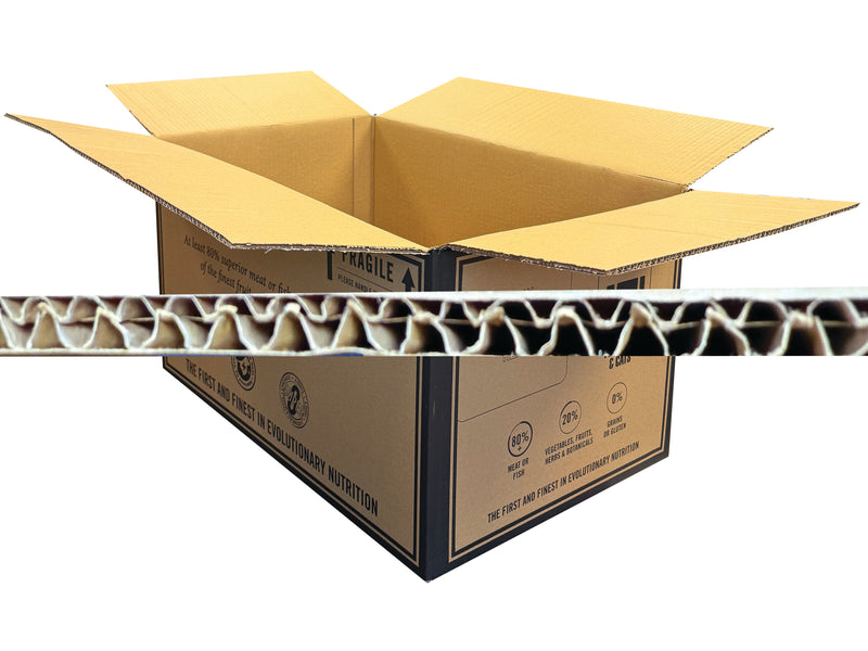 Open cardboard box with corrugated cardboard profile overlayed, on a white background