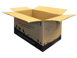 Brown cardboard box with black text and pet food graphics on a white background