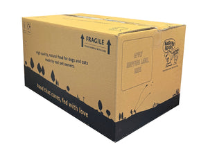 Brown cardboard box with branding and text on a white background