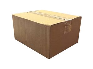Brown cardboard box sealed with clear plastic tape on a white background