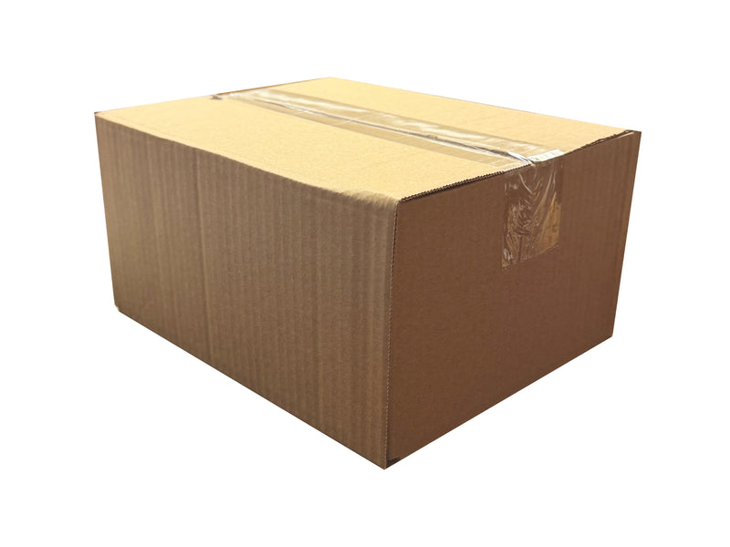 Brown cardboard box sealed with clear plastic tape on a white background