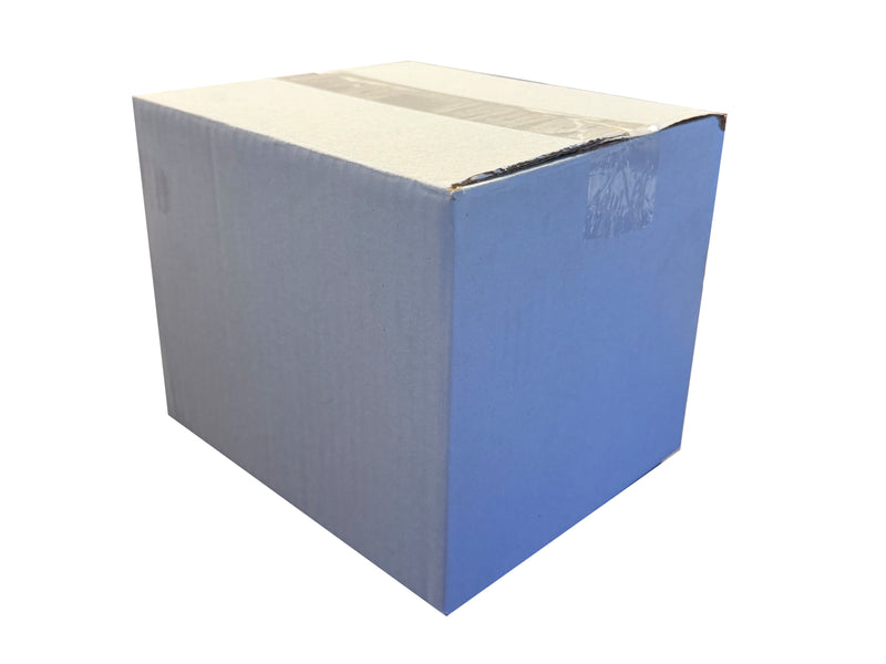 A white cardboard box sealed with Sellotape, on a white background