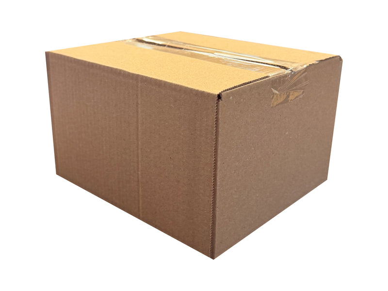 Brown cardboard box on a white background, sealed with Sellotape.