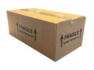 Cardboard box with 'Fragile Store This Way Up' labels on a white background